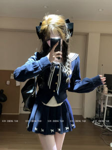 Xzy/Xin Zhengyan Slightly Oversized Girls Younger College Style Sailor Collar Knitwear Female Early Autumn High Waist Pleated Skirt Suit