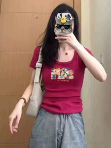 Dragon Fruit Colored Short Sleeve U Neck T Shirt Summer Womens Fashionable French Sweet And Spicy Mini Top Korean Style Commute