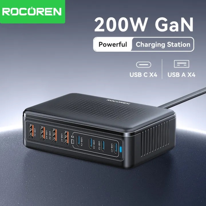 Rocoren 200W/100W GaN Charger Multi-Ports Universal Wall Desktop Fast Charging Station Dock for Mobile Phone Power Adapter For iPhone 17 Pro Samsung Xiaomi