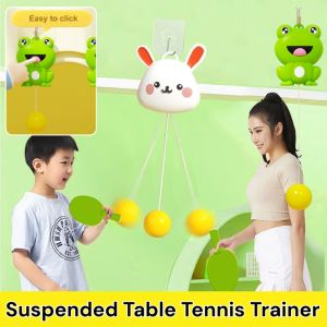 Indoor Suspended Table Tennis Trainer Automatic Cord Winding Height Adjustable Hand-Eye Coordination Cartoon Frog Rabbit Table Tennis Trainer