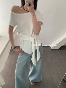 Slim Fit Asymmetrical Short Sleeve T-Shirt Womens Fashionable Belted Top Korean Style Cotton Summer Casual Pure Color