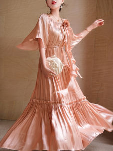 ReVe Platinum Rose Satin Loose Bow Tie Fairy Skirt Multi Layered French Cake Skirt Womens Premium Fashion Spring Summer Autumn Long Dress