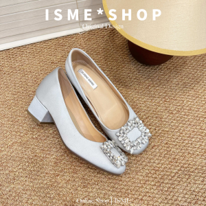 French Style Satin High Heels Diamond Embellished Square Buckle Womens Shoes Fashionable Commute Stiletto Autumn Season
