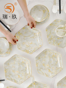 Elegant Bone China Hexagonal Deep Dish Plate for Home Use And Parties round Table Utensils Combination Golden Edge European Style