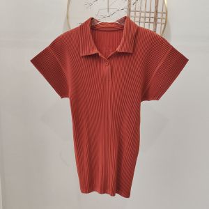 Miyake Style Women Pleated Top Thick Fabric Pleated Commuter Polo Collar Top 7323