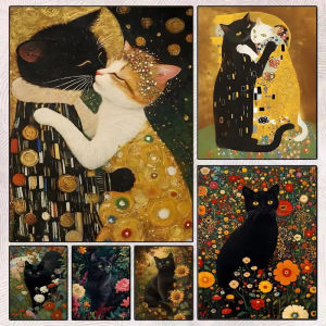 Jigsaw Puzzle 1000Pieces Klimt Inspired Cat With Golden Patterns And Flowers For Adults Stress Relief Relaxing Activity