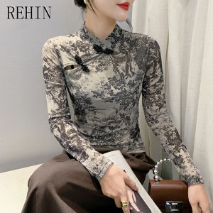 REHIN Autumn new retro plate buckle hand-beaded Classic Traditional style hollow hot gold double-layer mesh long-sleeved T-shirt women blouse