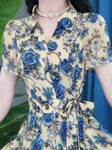 Fashionable Short Sleeve Midi Dress Womens Summer New Style Elegant Waist-Cinching Slimming Floral Print Skirt High Waist A-Line Dress