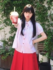 Áo Sơ Mi Nữ Tay Ngắn Họa Tiết Sọc Màu Hồng Rộng Rãi Phong Cách Ngọt Ngào Mùa Hè Mới Thời Trang Cổ Bẻ Nút Thắt