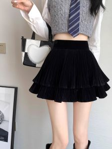 Gold Velvet Tiered Skirt Womens Spring Fall and Winter Small Pleated Puff Short Skirt High Waist Slim Looking A- line Umbrella Skirt
