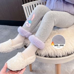 Girls Fleece Lined Patchwork Base Layer Pants Winter New Style Children Universal Long Trousers Trendy Cotton Commute Style