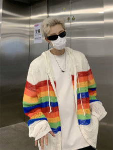 Rainbow Contrast Stripes Cut Out Hooded Knit Cardigan Male Trendy Spring & Fall Dopamine Japanese Style Couple Sweater Outwear