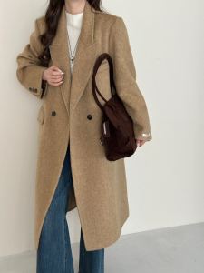 Double-Sided Woolen Khaki Double-Breasted Coat Loose Womens Fashion Shoulder-Length Outerwear for Autumn Winter
