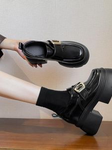 Retro JK British Style Thick Heel High Heel Loafers Womens round Toe Autumn Winter New Style Fashion Single Shoes