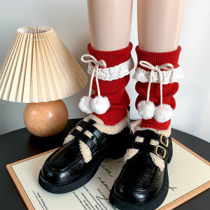 ถุงเท้าถักสีแดง ถุงเท้าผู้หญิง ฤดูใบไม้ร่วง/ฤดูหนาว ถุงเท้าผ้าขนแกะ ลูกไม้ ขอบลูกไม้ ถุงเท้าสีขาว ถุงเท้าผ้าขนแกะ