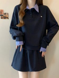 Fashionable Patchwork Design Casual Stylish Set Womens plus Size Autumn Slimming Sweatshirt Short Skirt Two-Piece Set