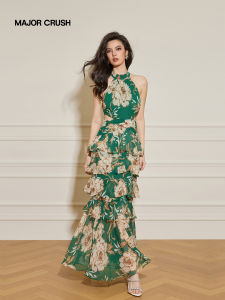 Summer New Printed Waist-exposing Halterneck Flounce Dress