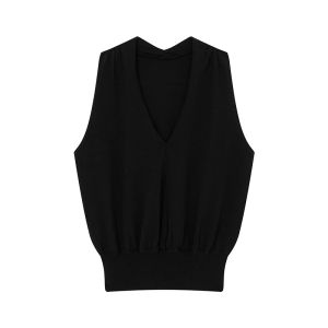 Sleeveless V-Neck Short Black Knitwear Casual Design