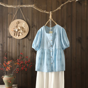 Elegant Floral Embroidery Cotton Linen Half Sleeve Shirt Summer Large Size Womens Fashionable Square Collar Button up Versatile Youthful Top