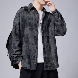 Autumn New Arrival Men Gingham Long Sleeves Shirt Loose Casual Cotton Youth Color Matching Shirt Jacket Trendy