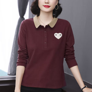 MAIMEI | Warm Fashionable Mommy T-shirt New De Velvet Base Layer Slimming Anti-Aging Autumn Winter Polyester Long Sleeve Button Up Shirt