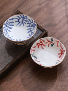 Retro Japanese Minobu Burnt Hand-Painted Tang Grass High Foot Plate Tea Snack Dessert Fruit Tray Edged Ceramic Bowl for Tea Room