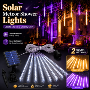 Halloween Solar Meteor Shower Rain Lights Warm White/Purple LED Falling Tube Lights for Garden Patio Yard Party Decor