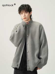 Retro High Collar Knitted Open Cardigan Mens Loose Solid Color Stand Collar Jacket Simple Couple Style Sweater Coat for Autumn