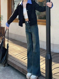 สูง เอว บาน กางเกงยีนส์ ผู้หญิง ฤดูใบไม้ร่วง ฤดูหนาว รูปแบบใหม่ พรางหุ่น กางเกงขากว้าง ผ้าขนแกะ เรียงรายเรียว เลกกิ้ง สไตล์เกาหลี