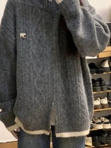Super Nice Japanese Style Gray Cable Stitch Zipper Cardigan Sweater Womens Spring Autumn and Winter Loose Korean Style Idle Style Soft Glutinous Knitting