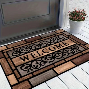 VIKAMA Rustic Wood Plank Carved Welcome Brown Farmhouse Vintage Art Flannel Door Mat Non Slip Entryway Bedroom Living Room Home