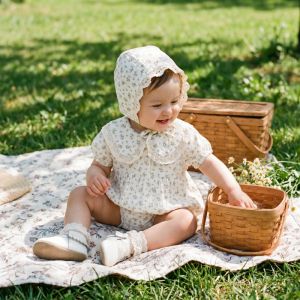 2026 Summer 3M-2Y Baby Floral bodysuit with Hat Newborn Short Sleeve Ruffle Collar Infant  Romper Sweet Style jumpsuit