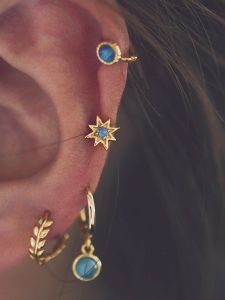 ต่างหูสีฟ้าเทพธิดาลอเรลกรีกต่างหูขนาดเล็กมินิต่างหูห่วงเงิน925ดาวเหนือโอปอลสังเคราะห์