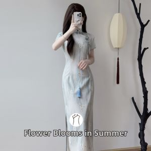 Blue Embroidery Modern Chinese Style Young Girl Qipao