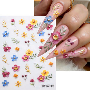 1Pcs 5D Embossed Spring Flower Nail StickersPink Yellow Blue Five-Petals Gold Branch Self-Adhesive Nails Decals for Fresh Nails