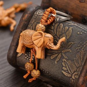 5Pcs Elephant Keychain Women Men Lucky Rich Mahogany Key Ring Handmade Carving Animal Pendant Jewelry Making Accessories