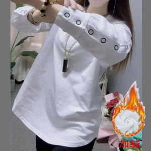 Womens Fleece Lined Long Sleeve T-Shirt mid Length Loose Fit Base Layer White Shirt Korean Style Commute Classic Pattern