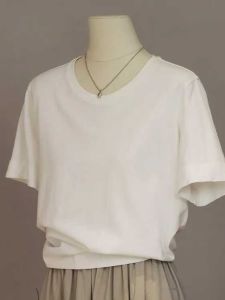 เสื้อยืดคอตุ่มทรงหลวมสำหรับผู้หญิง ทรงเข้ารูป สไตล์เกาหลี ทรงเข้ารูป เส้นใยโมดอล แขนสั้น สีพื้น แฟชั่นฤดูร้อน