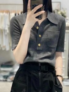 Fashionable Stylish Polo Collar Wool Knitting Short Sleeve Womens European Station Loose Slimming Half Sleeve Shirt Lapel T-shirt