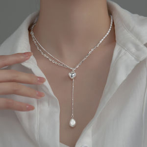 925 Sterling Silver Pearl Heart Tassel Chain Choker Necklace For Women Wide Fine Jewelry Wedding Party Birthday Gift