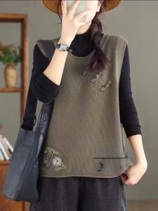 เสื้อกั๊กถักคอตตอนปักลายสไตล์ย้อนยุคสำหรับผู้หญิง เสื้อคลุมกันหนาวแขนกุดคอตตอนสีพื้นฤดูใบไม้ร่วงปี 2025 เสื้อคลุมกันหนาวแบบใหม่