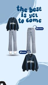 One Set Wanita Casual 3in1 Paris Jadul + Sweater Kekinian Comfrot + Celana Jeans Highwaist 24B