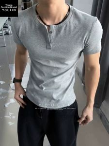 YOULIN | Henry Neck Mens Short Sleeve Tshirt for Fitness Muscle Accentuating Slim Fit