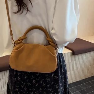 Women Vintage Faux Suede Mini Handbag Knotted Top Handle Ruched Shoulder Purse Detachable Crossbody Strap Small Tote Bag
