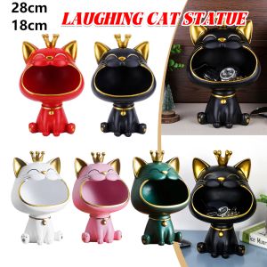 Lucky Cat Statue Decoration Resin Big Mouths Cat Statue Creative Laughing Cat Key Storage Box Cute Desktop Storage Accessories