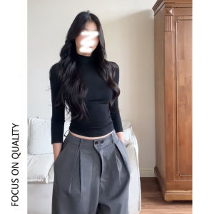 LUOFEN | Semi-High Neck Slim-Fitting Black T-Shirt for Women Long Sleeve Innerwear