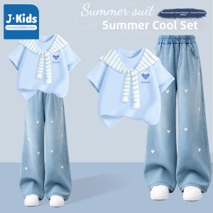JKIDS | Cotton T-shirt and Lyocell Denim Pants Girls Summer Set