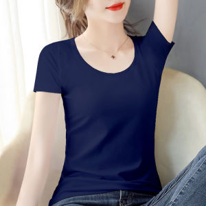 Pure Cotton Short Sleeve T-Shirt Womens White Slim Fit Half Sleeve Tight Womens Top Fashionable Korean Style round Neck