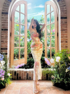 French Sweet Romantic Oil Painting Flower Lace Fishbone Corset Patchwork High Waist Skirt Two-piece Set Summer Women