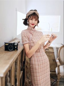 Subtle Elegance Suzhou Jin Spring Summer Plaid Lace Cotton Linen Midi Length Girl Daily Fashion Slimming Cheongsam Dress